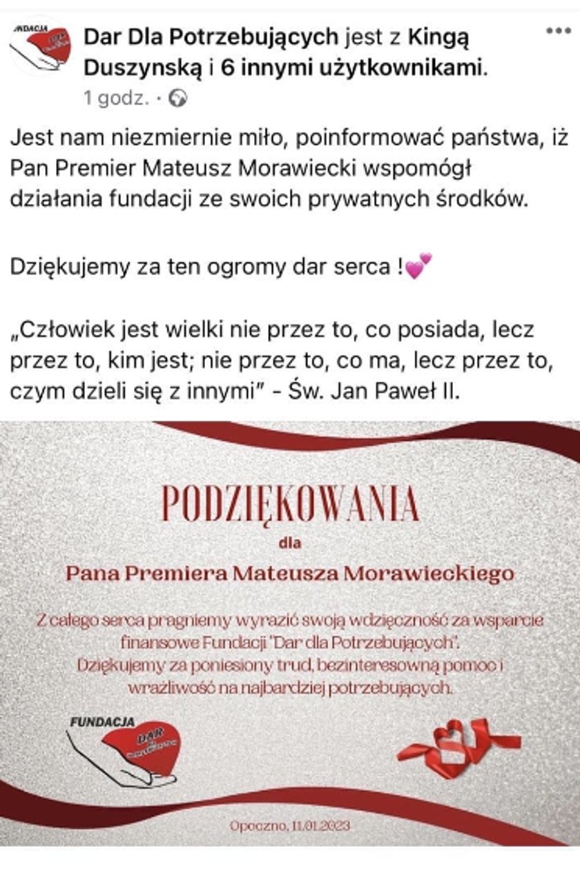 Obdarowane instytucje chwalą się wsparciem od byłego premiera.