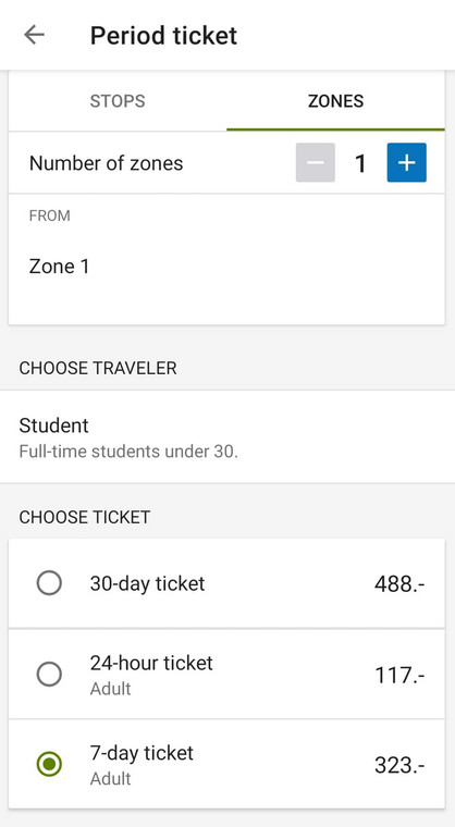 W aplikacji RuterBillett najlepiej kupić tygodniowy bilet wyłącznie na pierwszą strefę. Jego koszt to 323 korony (151 zł)