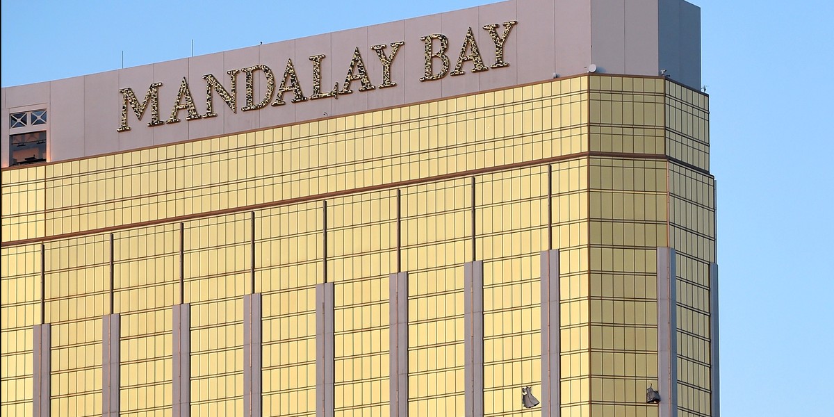 Broken windows on the 32nd floor of the Mandalay Bay Resort and Casino on October 2.