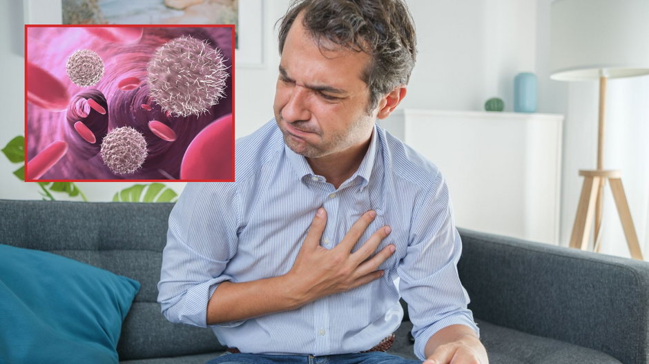 Grafika przedstawiająca limfocyty i czerwone krwinki oraz mężczyzna z bólem w klatce piersiowej
