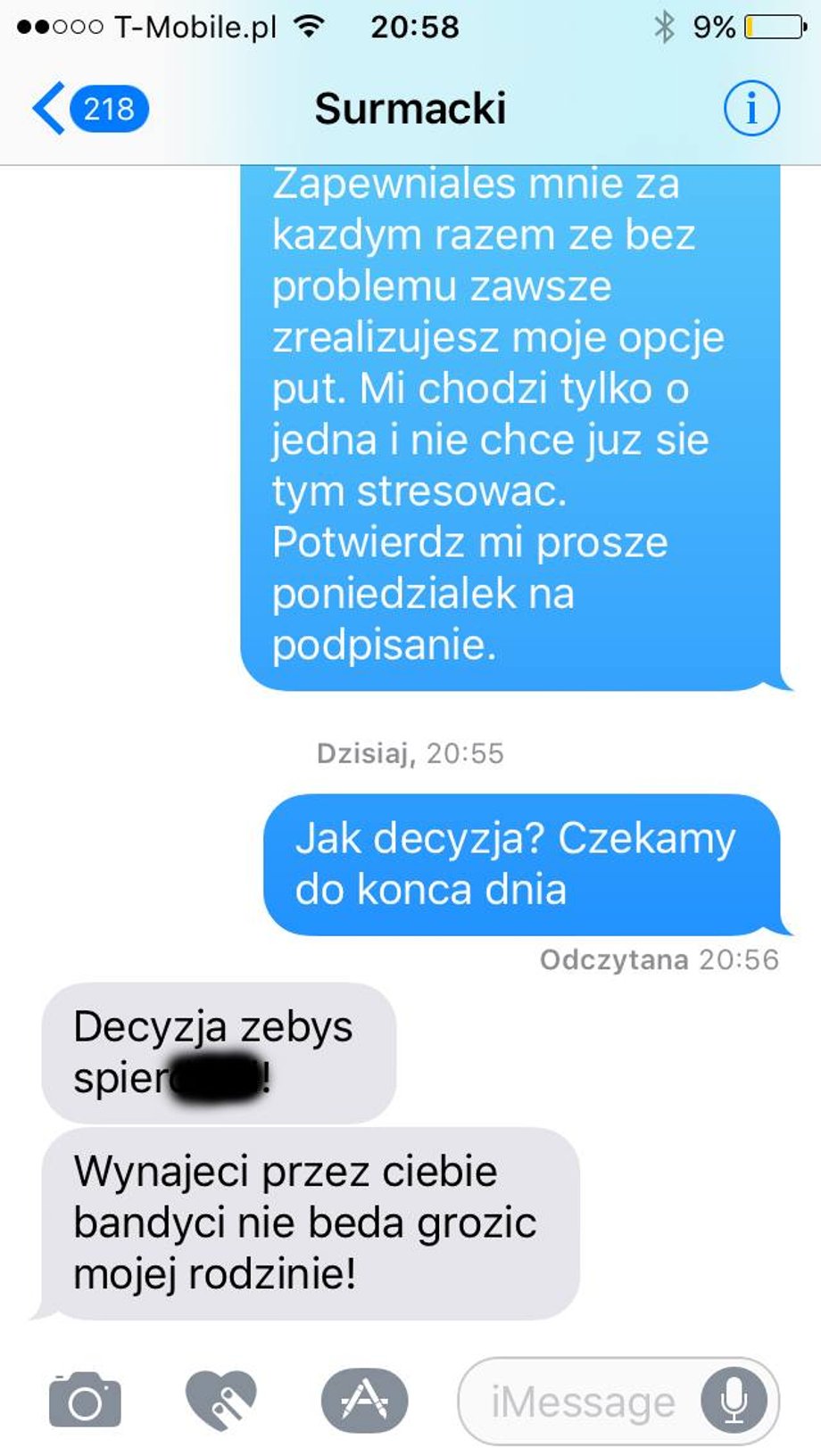 Wiadomość SMS pomiędzy ówczesnym prezesem Fachowców a panem Rafałem