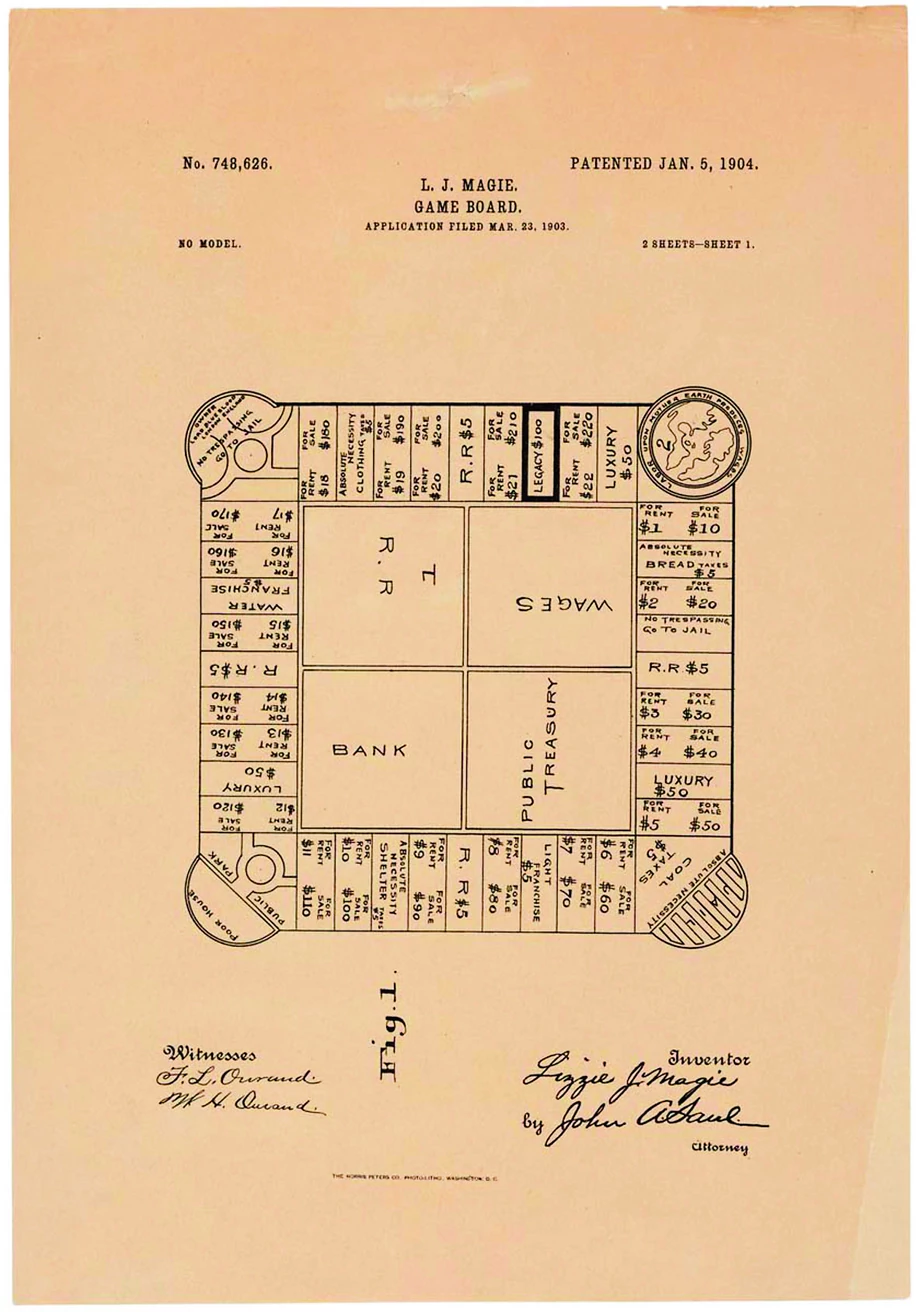 Pierwowzór „Monopolu” w jednym z rogów miał sentencję inspirowaną pracami amerykańskiego ekonomisty Henry’ego George’a.