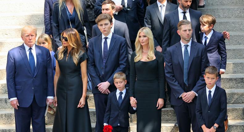 Donald Trump, Melania Trump, Barron Trump, Jared Kushner, Ivanka Trump, Donald Trump Jr. and Eric Trump are seen at the funeral of Ivana Trump on July 20, 2022 in New York City.