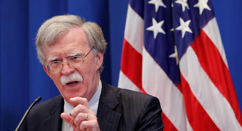 US National Security Advisor John Bolton speaks during a news conference after a meeting with Russia's Nikolai Patrushev at the US Mission to the United Nations in Geneva, Switzerland.