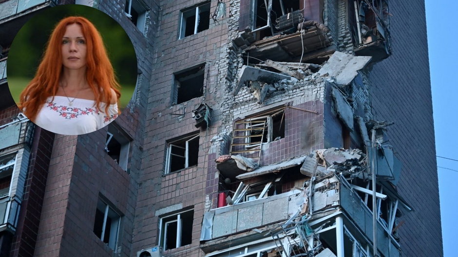 Zniszczenia budynku mieszkalnego w Charkowie po ataku 4 kwietnia 2024 r. W kółku - Anna Gin