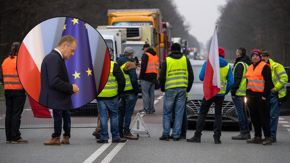 Protest rolników w okolicy węzła Kraśnik Pułankowice/Lasy na drodze S19, 29 lutego 2024 r. (w kółku: Donald Tusk)