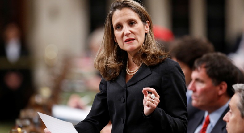 Canada's Foreign Affairs Minister Chrystia Freeland delivers a speech on Canada's foreign policy in the House of Commons on Parliament Hill in Ottawa, Ontario, Canada June 6, 2017.