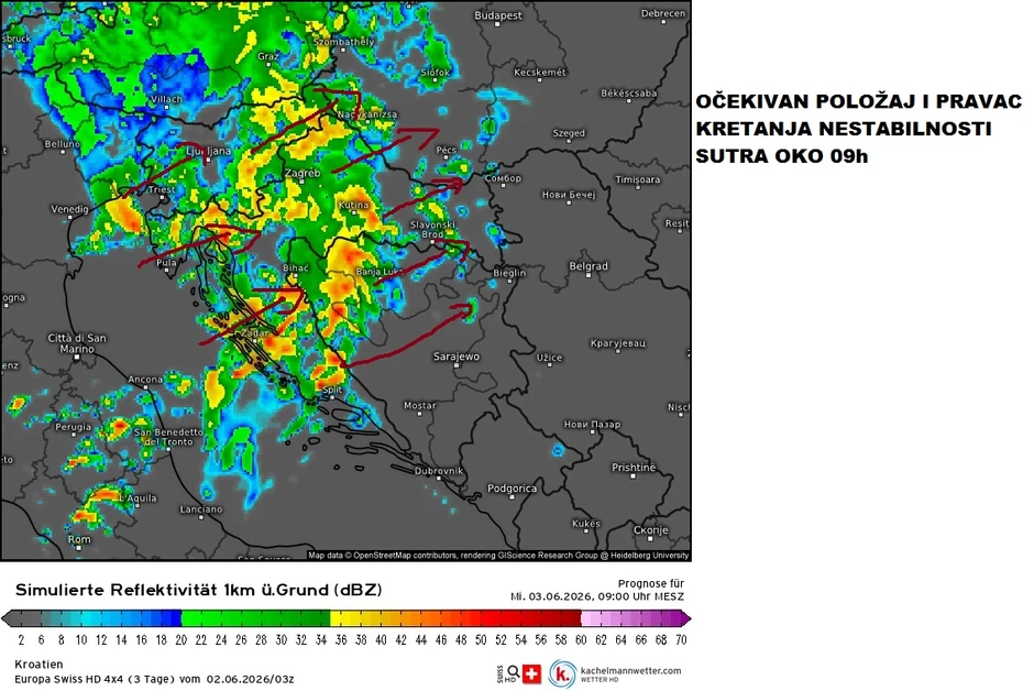 Kretanje nestabilnosti u sredu oko 9 sati