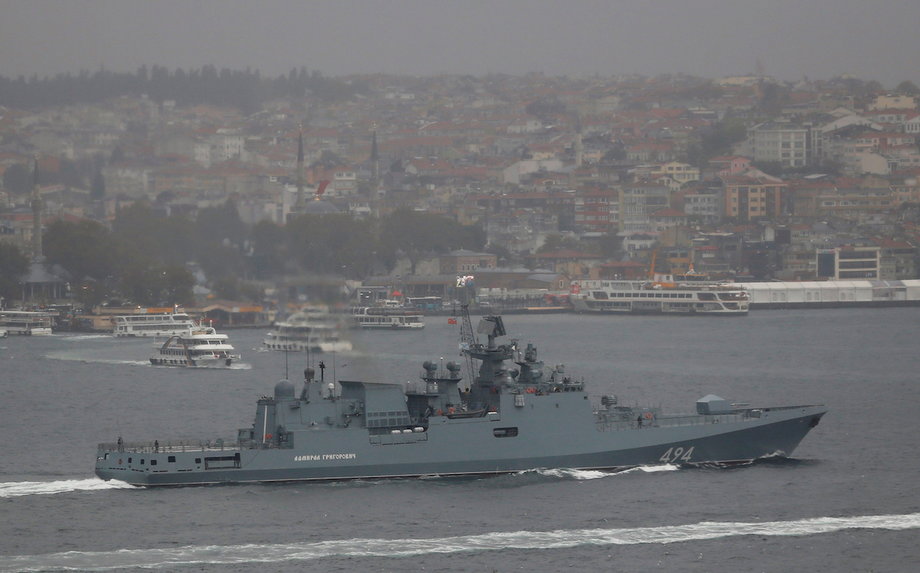 The Russian navy frigate Admiral Grigorovich in the Bosphorus on its way to the Mediterranean Sea, in Istanbul on November 4.