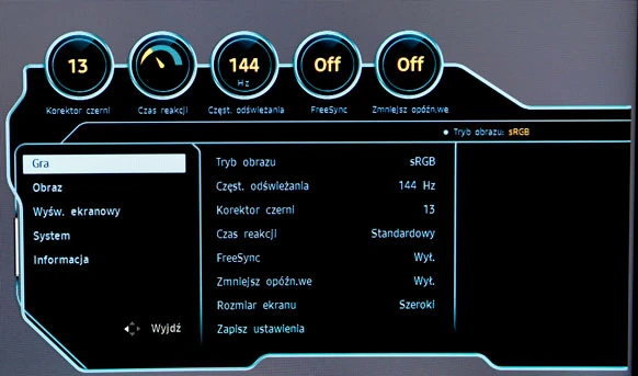 Główne menu ekranowe monitora Samsung C32HG70