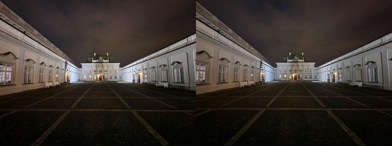 Zdjęcia nocne wykonane modułem szerokokątnym w trybie automatycznym (po lewej) oraz w dedykowanym do takich zadań trybie Noc (kliknij, aby powiększyć) 