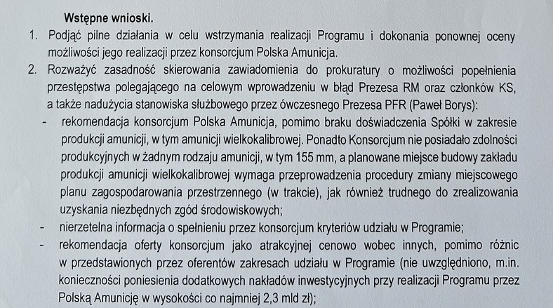 Fragment notatki Departamentu Kontroli z rekomendacjami dla kierownictwa Ministerstwa Obrony Narodowej