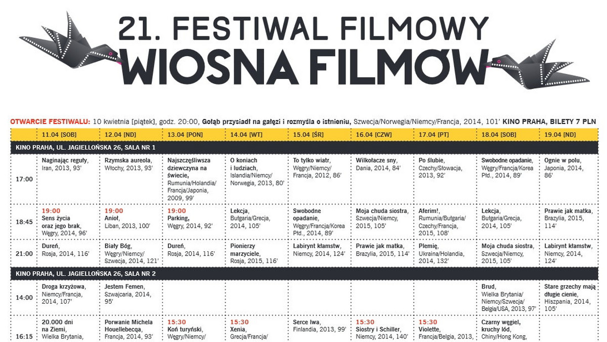 Można już zapoznać się z harmonogramem projekcji 21. Festiwalu Filmowego Wiosna Filmów. Seanse festiwalowe będą odbywać się od 10 do 19 kwietnia w dwóch warszawskich kinach: Praha (ul. Jagiellońska 26) oraz Apolonia (Muzeum Niepodległości, al. Solidarności 62).