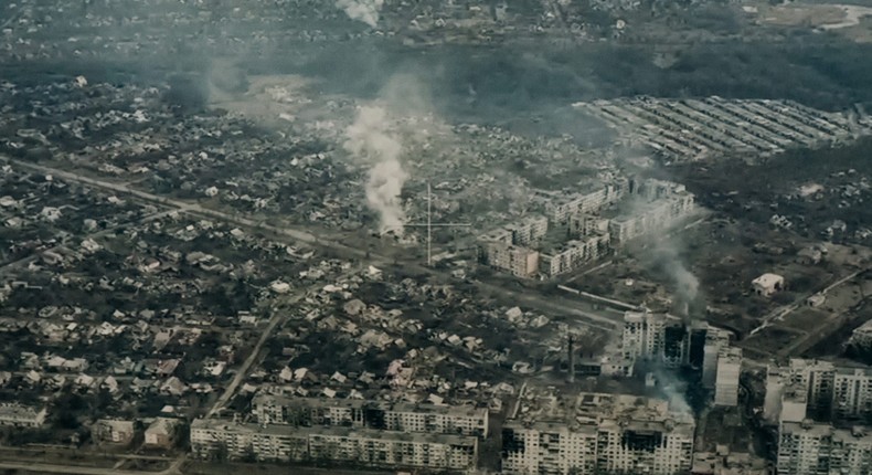 Drone footage of Bakhmut city seen on one of the live feed monitors in a command post of the 24th Separate Assault Battalion in Ukraine, on March 10, 2023.Photo by Wojciech Grzedzinski/For The Washington Post via Getty Images