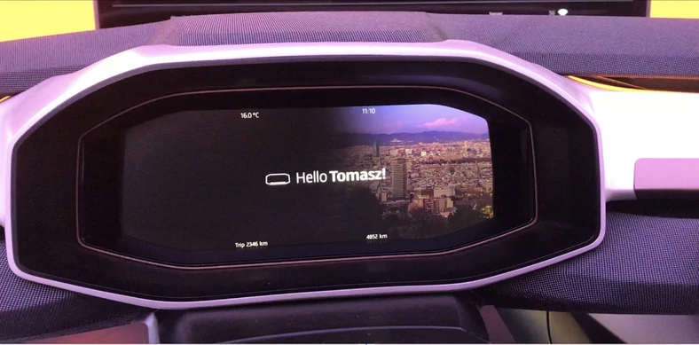 Ekran powitalny jaki zobaczy kierowca po rozpoznaniu aplikacje przez komputer pokładowy Seata