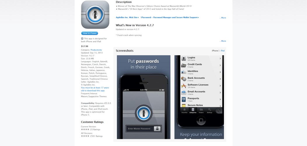 <b>1Password</b>
<br><br>
Setki stron, aplikacji, usług i kont - jak odnaleźć się w tym internetowym gąszczu? Z pomocą przychodzi nam aplikacja 1Password, która zapamięta z nas wszystkie hasła. Dostępne jest również rozszerzenie umożliwiające zintegrowanie aplikacji z przeglądarką internetową.
<br><br>
<b>Platformy: Android, iOS