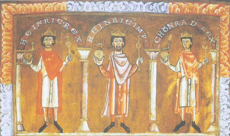 Henryk IV (pośrodku) i jego dwaj synowie Z prawej – buntowniczy Konrad Ilustracja z tzw Ewangeliarza Emmeramskiego.