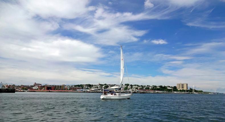 A sailboat on Casco Bay in Portland, Maine.