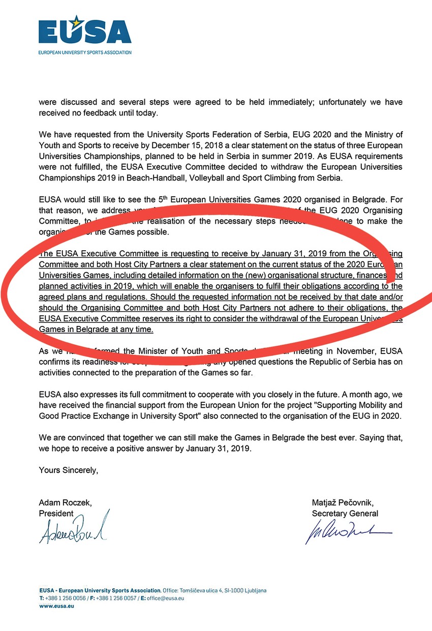 Pismo iz Evropske univerzitetske sportske asocijacije