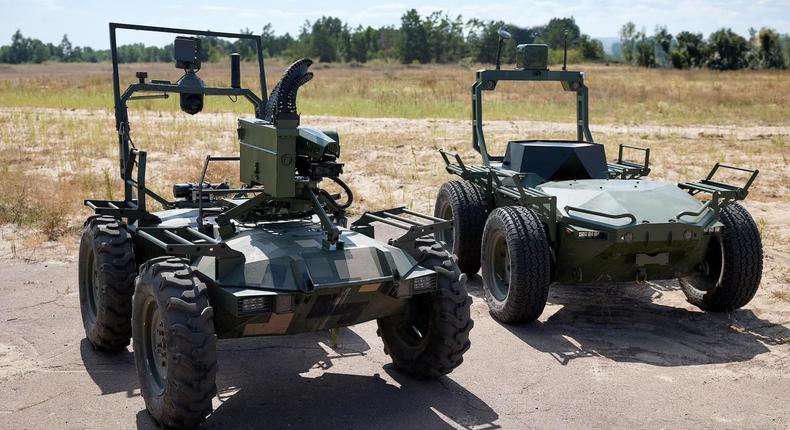 Experimental drones being tested by Ukrainian forces, seen in a photo shared on August 28, 2023 by state-affiliated media. The drone on the left is mounted by what what seems to be a turret.Facebook/@