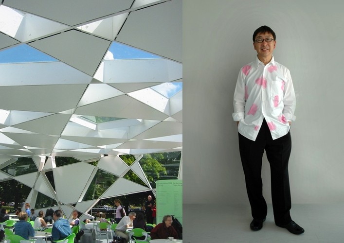 71-letni Toyo Ito i jedna z jego kreacji - Serpentine Pavilion, tymczasowa instalacja w Kensington Gardens w Londynie