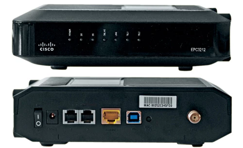 Zarówno UPC, jak i Aster udostępniają ten sam model modemu - Cisco EPC3212. Urządzenie możemy podłączyć do komputera poprzez port USB lub kablem typu skrętka do gniazda sieci lokalnej Gigabit Ethernet (RJ-45)