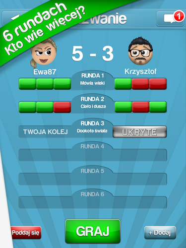 <strong>Quizwanie</strong><br /><br />

Quizwanie - gra towarzyska z ponad 25 000 pytań oraz całą gamą dźwięków i animacji.<br /><br />

Grając w Quizwanie możesz wyzwać na pojedynek swoich znajomych lub przypadkowych przeciwników.<br /><br />

Ty i Twój przeciwnik odpowiadacie na pytania w 6 rundach. Każda runda składa się z 3 pytań. Oczywiście, oboje odpowiadacie na te same pytania. <br /><br />