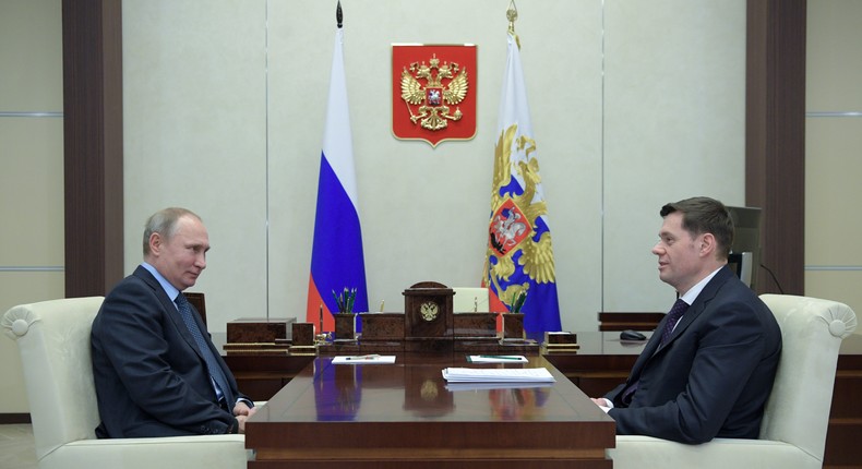 Russia's President Vladimir Putin (L) and Severstal Board Chairman Alexei Mordashov during a 2018 meeting in Moscow.