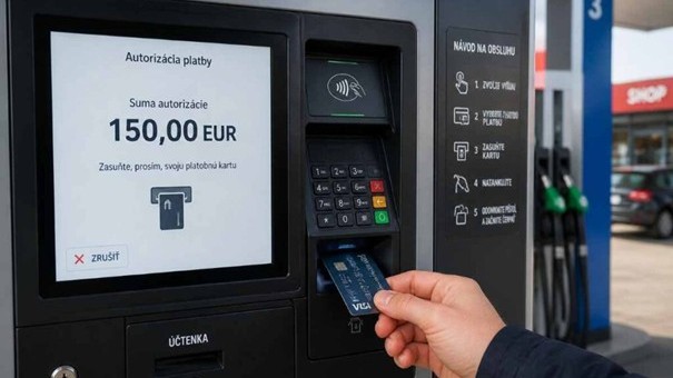 Vodič zasúva platobnú kartu do terminálu pri samoobslužnom stojane na čerpacej stanici – na displeji sa zobrazuje suma autorizácie 150 eur.