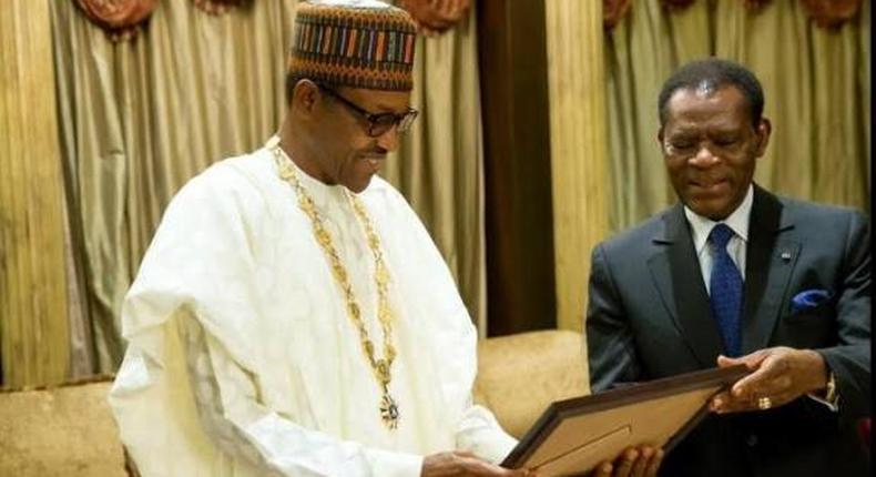 President Muhammadu Buhari conferred with Equatorial Guinea's Grand Collar of the Order of Independence award by President Teodoro Mbasogo.