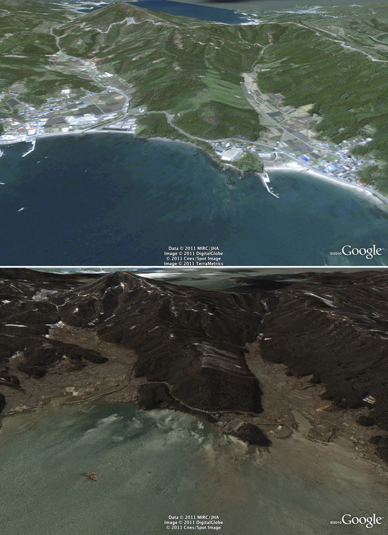 Zdjęcia satelitarne Japonii przed i po przejściu tsunami