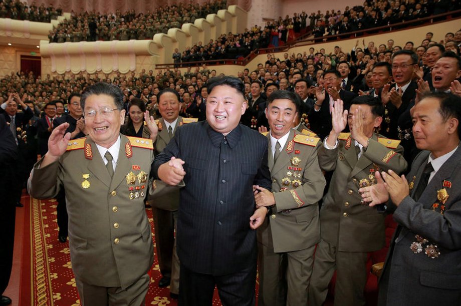 North Korean leader Kim Jong Un at a celebration for nuclear scientists and engineers who contributed to a hydrogen bomb test, in an undated photo released by North Korea's Korean Central News Agency.