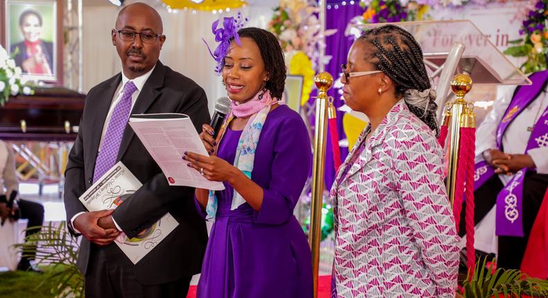Stella Wanjiru Njoroge, her husband and sister during Lizzie Wanyoike's funeral in Murang'a on January 23, 2024