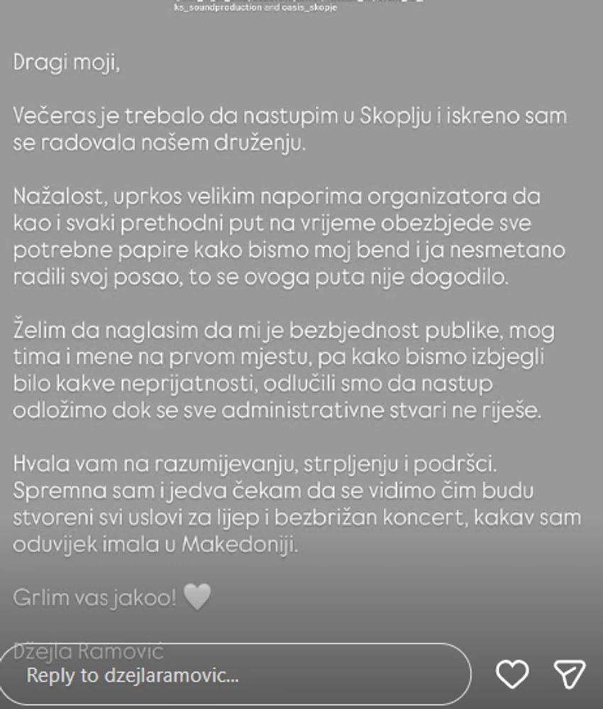 Džejla Ramović otkazala nastup u Skoplju 