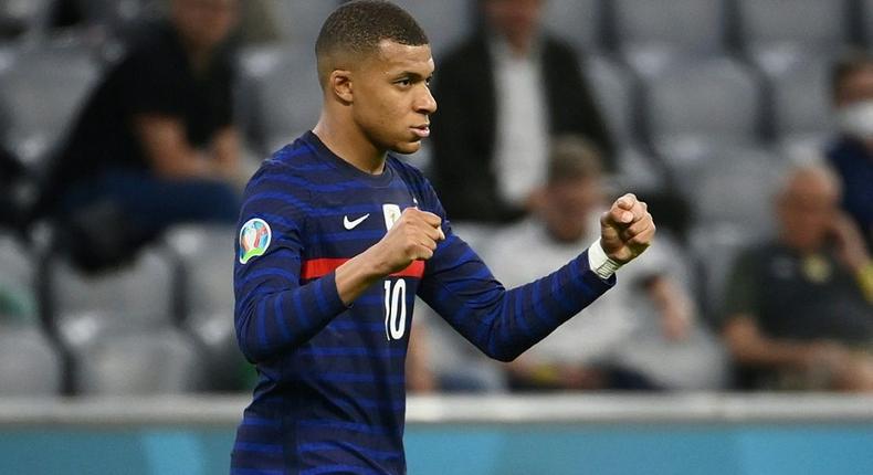 France forward Kylian Mbappe celebrates their win over Germany at Euro 2020 on Tuesday Creator: FRANCK FIFE