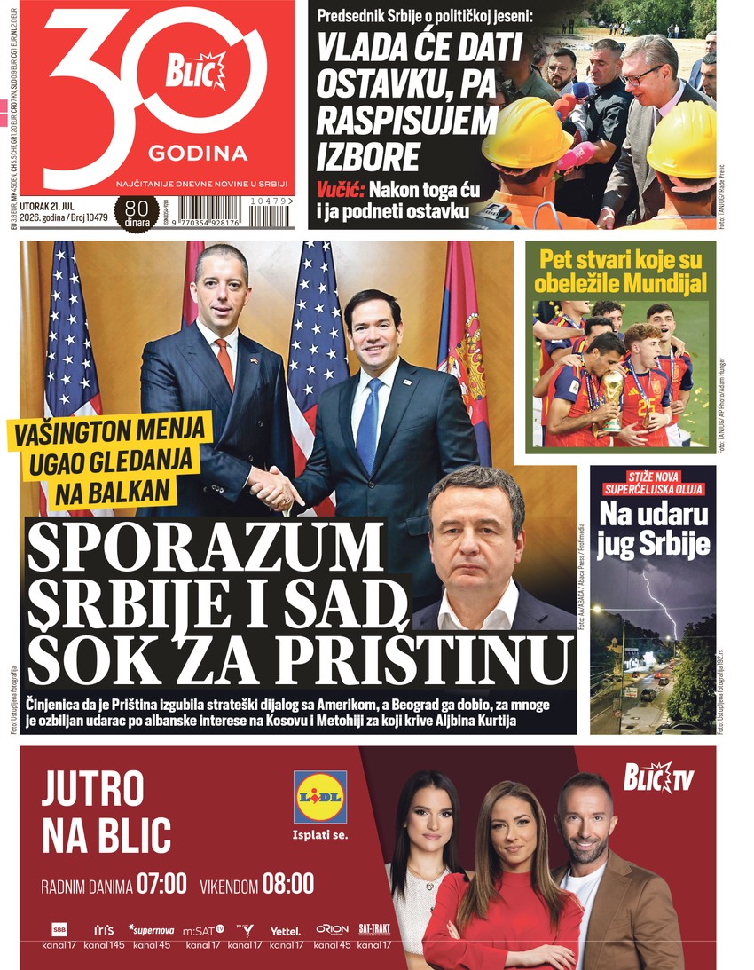 Blic naslovna strana za 21.7.