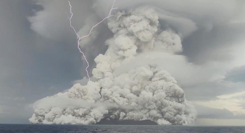 Eruption of the underwater volcano Hunga Tonga-Hunga Ha'apai off Tonga.