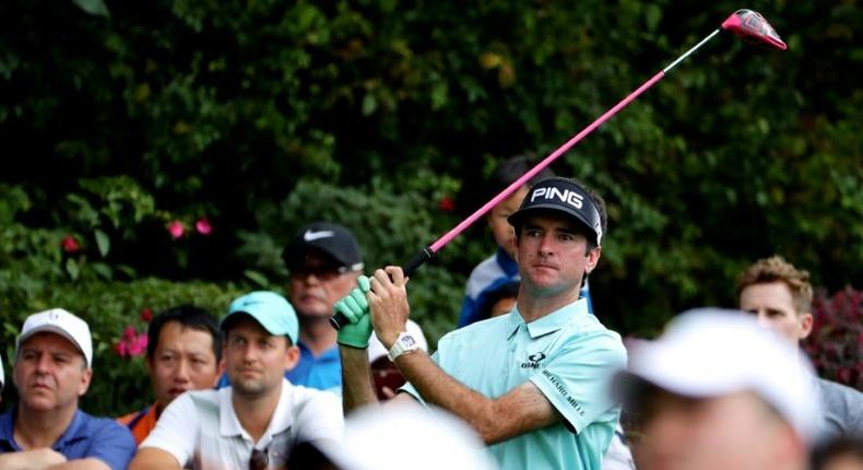 Bubba Watson of the US watches his shot at the Shenzhen International tournament in Shenzhen, in China's southern Guangdong province on April 20, 2017