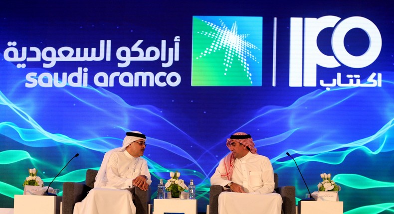 Amin H. Nasser, president and CEO of Aramco, and Yasser al-Rumayyan, Saudi Aramco's chairman, attend a news conference at the Plaza Conference Center in Dhahran, Saudi Arabia this month.