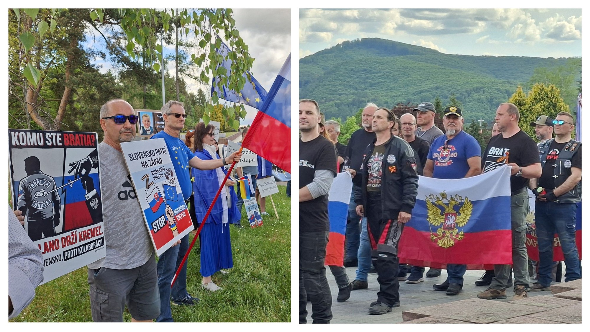 Protestujúci pred vojenským cintorínom vo Zvolene (vľavo), vpravo účastníci Jazdy národov s vlajkou so štátnym znakom Ruska. 