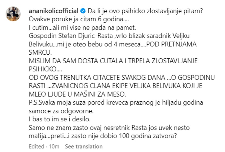Anina objava na Instagramu