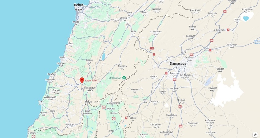 Liban i reka Litani na mapi