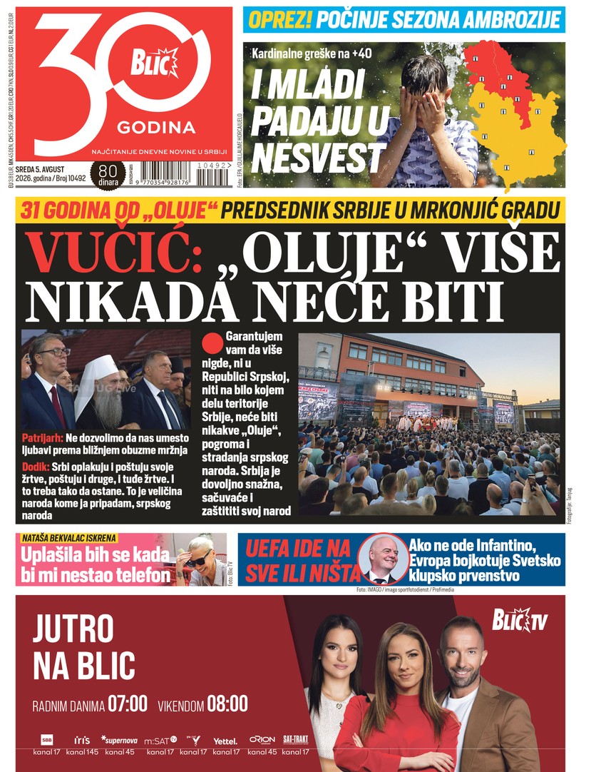 Blic naslovna strana za 5.8.