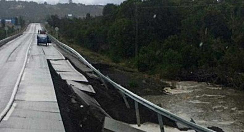 View of a bridge damaged by a 7.7-magnitude earthquake in Castro on Chiloe Island, southern Chile, on December 25, 2016