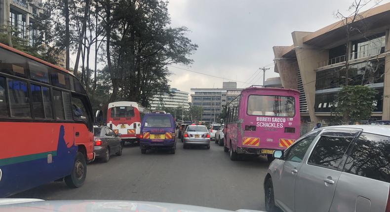 Traffic at Community area in Nairobi as the Nairobi Metropolitan Services (NMS) conducts test at Green Park PSV terminus