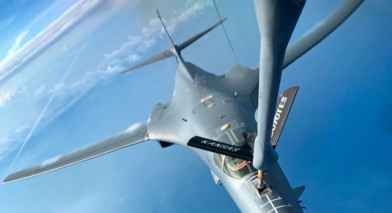 A US Air Force B-1B Lancer aircraft being refueled during a mission to fly in the vicinity of Kyushu, Japan, the East China Sea, and the Korean Peninsula.