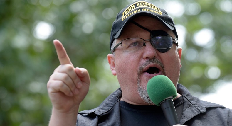 Stewart Rhodes, founder of the citizen militia group known as the Oath Keepers speaks during a rally outside the White House in Washington, on June 25, 2017.