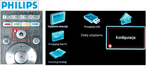 W urządzeniach marki Philips, aby wejść do menu telewizora, wybieramy na pilocie przycisk z symbolem domu (A). Wszystkie opcje znajdziemy w pozycji Konfiguracja (B)