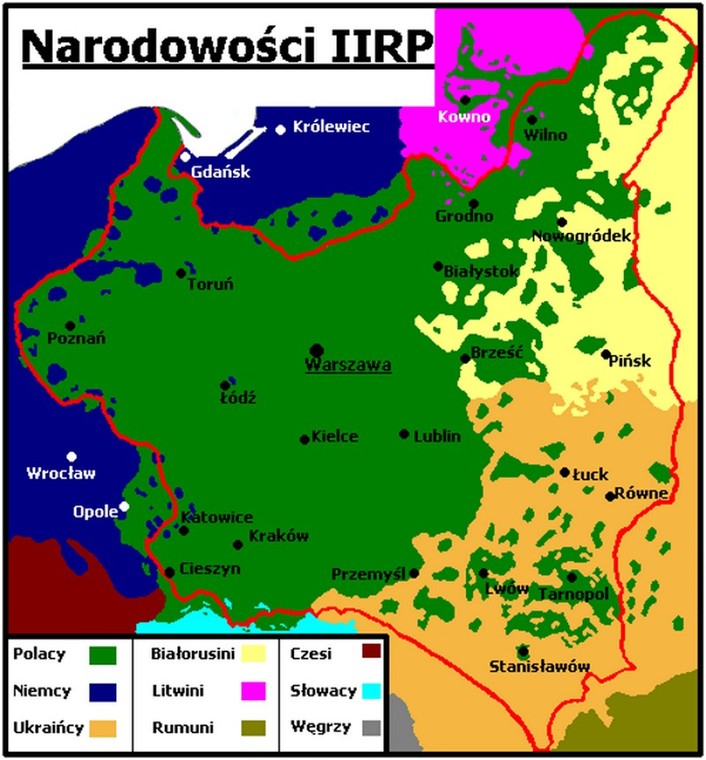 Mapa prezentuje rozmieszczenie różnych narodów zamieszkujących II Rzeczpospolitą. Polacy i Ukraińcy sąsiadowali ze sobą na całych kresach południowo-wschodnich