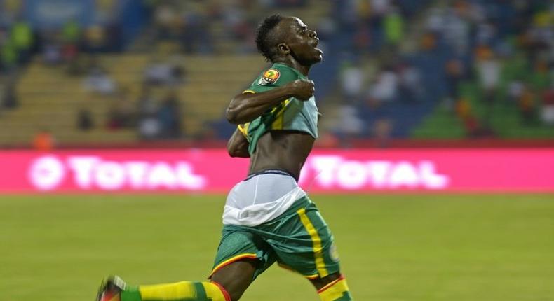 Senegal's forward Sadio Mane celebrates after scoring a goal during the 2017 Africa Cup of Nations group B football match between Tunisia and Senegal in Franceville on January 15, 2017